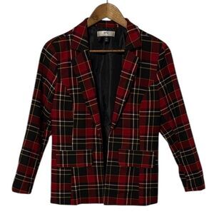 Eric Casual Women's Open Blazer Jacket with Faux Pockets Red Plaid Medium